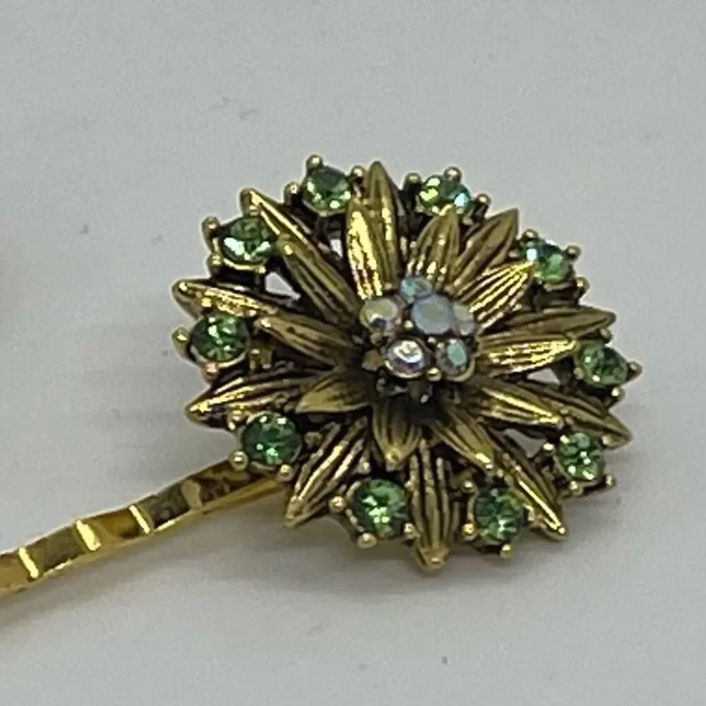 Handmade Green Rhinestone Gold Whimsical Set Hair Clips HoCo Fairy Jewelry NWT